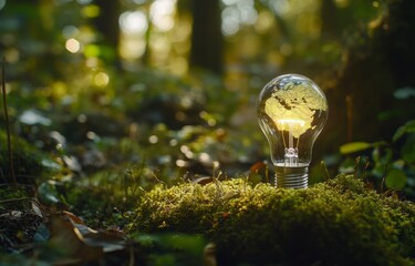 A hand holding a light bulb symbolizing a green energy concept, set against a blurred nature background infused with sunlight and a bokeh effect. This image captures the essence of sustainability