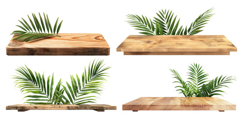 Sticker - Set of empty natural wooden shelves with green palm leaves, cut out