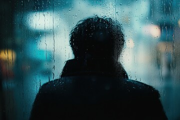 Aufkleber - A lone person looks out a rain-soaked window, reflections merging with raindrops as they contemplate their surroundings in silence. Generative AI