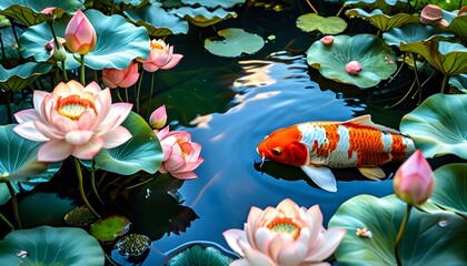 Serene koi pond adorned with vibrant lotus blooms and lush green leaves in a tranquil aquatic setting