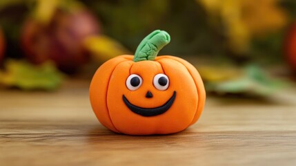 Wall Mural - Play Dough Pumpkin Character Closeup on Wooden Surface