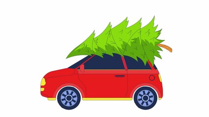 Poster - Riding car with Christmas tree on roof 2D object animation. Evergreen coniferous pine tied to vehicle cartoon 4K video, alpha channel. Automobile xmas tree animated flat item on white background