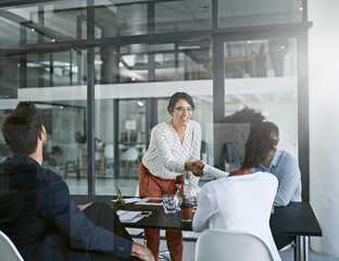 Aufkleber - Handshake, business people or meeting with agreement, cooperation or partnership in office. Employees, coworkers or consultant with gesture, thank you or collaboration with company merger or b2b deal