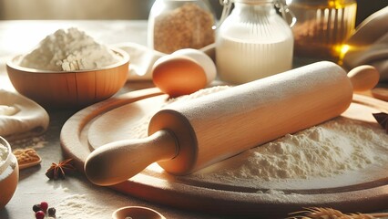 Rolling pin and flour and Wheat and bread and ingredients on a wooden table under the light of the sun