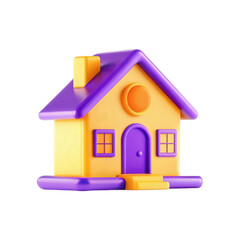 Poster - A 3D render of a colorful toy house, featuring bright yellow and purple colors, showcasing a simple and playful design. Ideal for children's playsets.