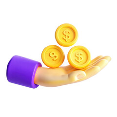 Poster - A colorful 3D render of a hand holding three gold coins, symbolizing wealth and currency. The hand has a purple sleeve, giving a playful touch.