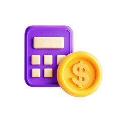 Poster - A colorful 3D model of a calculator and a dollar sign coin. It features a purple calculator beside a yellow coin, ideal for finance themes.