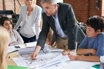 Aufkleber - Architecture, manager and business people in office with blueprint, advice and creative collaboration. Building, development and team in meeting with floor plan, ideas or workshop at design agency