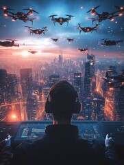 Fototapete - A skilled drone pilot manages a fleet of sleek drones using a touchpad in a futuristic control center with a city skyline backdrop. Generative AI
