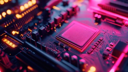 Poster - Close up macro image of a processor or graphic card showcasing a technological device with intricate memory storage and vibrant neon LED lights