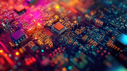 Poster - Dynamic and Colorful Nanoelectronics Circuit Board in Close Up Perspective