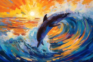 A vibrant dolphin leaps through colorful ocean waves at sunset.