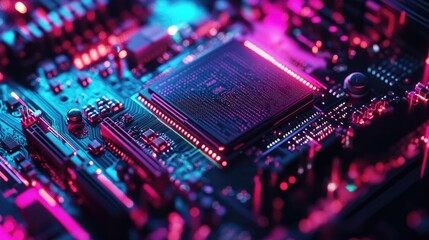 Poster - Close up macro image of a processor or graphic card showcasing a technological device with intricate memory storage and vibrant neon LED lights