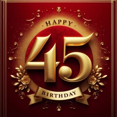 Wall Mural - Elegant gold 45th birthday card design with a rich red background and floral accents.