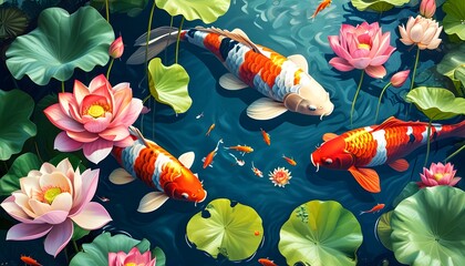 Wall Mural - Serene koi pond adorned with vibrant lotus flowers and lush green leaves