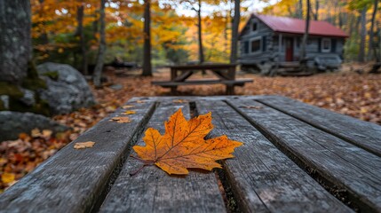 Capture the essence of autumn with vibrant golden leaves, a warm maple leaf resting on a wooden table in a serene forest setting. Find solace in a cozy camping spot amidst nature's embrace