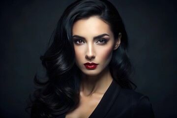 Poster - Sophisticated Portrait of a Woman with Sleek Black Hair in Studio Lighting, Emphasizing Beauty and Fashion Against a Dark Backdrop