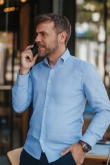 Sticker - A man is talking on his cell phone while wearing a blue shirt. He is smiling and he is in a good mood