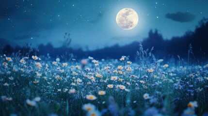 Poster - Moonlit Field of White Daisies Under a Starry Sky