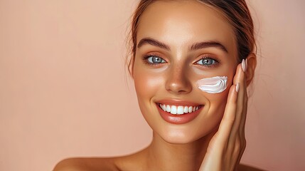 Wall Mural - Fresh skin routine, woman applying face cream, glowing and healthy complexion