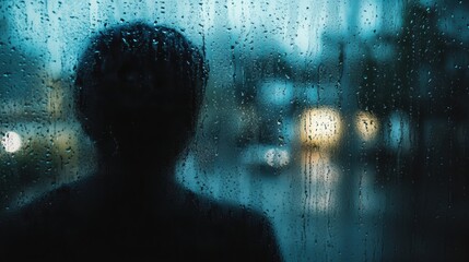 Aufkleber - A solitary person stands by a rain-drenched window, their silhouette reflecting a deep sense of melancholy and introspection. Generative AI