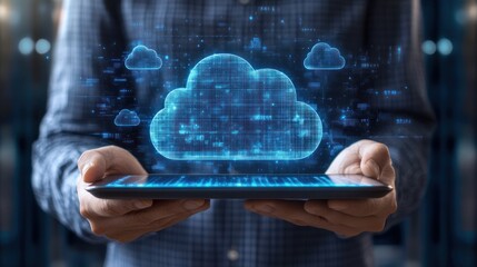 Poster - A person holding a tablet with a digital cloud symbol, representing cloud computing.