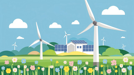 Wall Mural - Wind farm, turbine in the field, green energy concept, flat illustration, rural landscape, summer