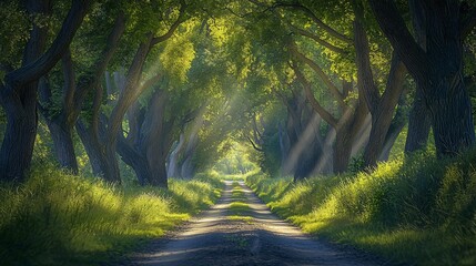 A sunlit path through a lush green forest, with tall trees and dappled sunlight.