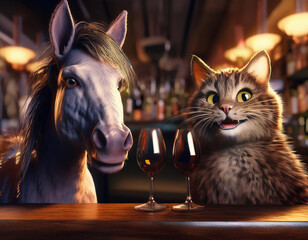 Cartoon illustration of a horse and cat drinking red wine at bar counter in night club