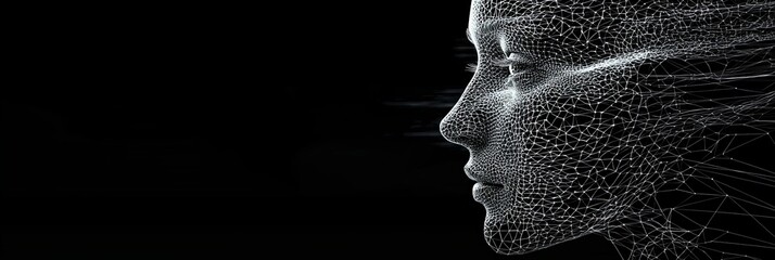 A minimalistic black wireframe profile of a female face symbolizing the harmony between human serenity and digital precision, utilizing clean lines and simplicity.