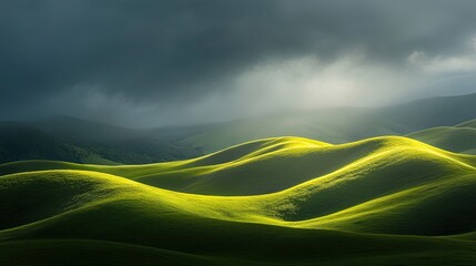 Wall Mural - rolling hills illuminated by sunlight breaking through the clouds, highlighting the curves of the la