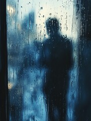 Aufkleber - A figure stands by a window, observing the rain trickling down the glass, surrounded by a soft, melancholic atmosphere of blues and greys. Generative AI