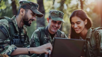 Poster - Three soldiers are sitting together and looking at a laptop