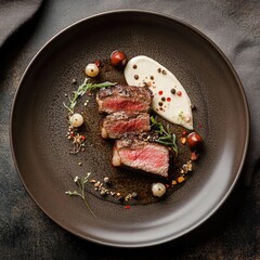 Wall Mural - Round dinner plate with a gourmet steak dish, clean and modern presentation