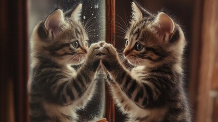 A kitten trying to catch its reflection in a mirror, playfully pawing at it