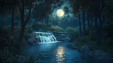 Wall Mural - a tranquil waterfall flows through a moonlit forest, casting an ethereal glow on the water.