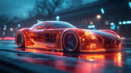 Wall Mural - A 3D illustration of a futuristic sports car features a wireframe with custom LED lights.