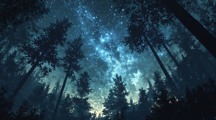 Wall Mural - a view from below of a dark forest canopy with a night sky full of stars.