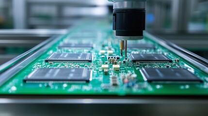 Poster - automated robotic arm assembling microchips on a circuit board in a high-tech manufacturing facility