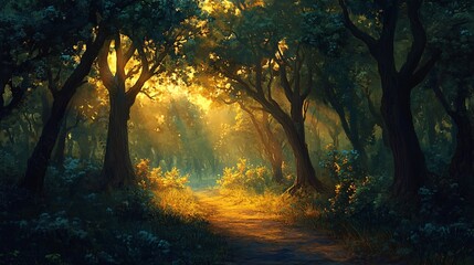 Wall Mural - a warm golden light illuminates a path through a dense forest with tall trees casting long shadows.