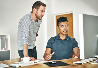 Poster - Team, business men and coaching on computer for help, creative or review on post production software. Tech, training or mentor teaching intern for video editing project, advice or feedback in startup