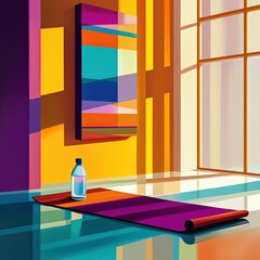 Poster - Modern minimalist interior with colorful yoga mat and water bottle.