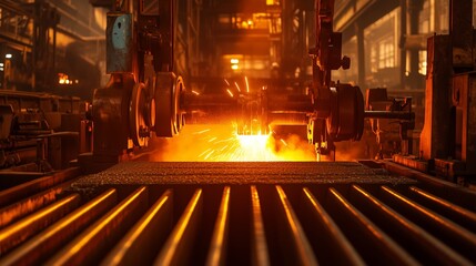 Poster - Bright sparks erupt from machinery in an industrial setting during evening hours in a manufacturing facility