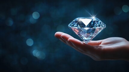 Hand holding a large sparkling diamond on a dark blue background with bokeh lights.