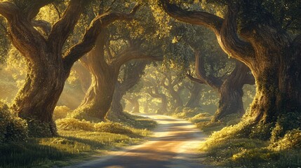 Wall Mural - a winding dirt path leads through a forest of ancient trees with sunlight filtering through the cano