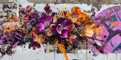 Canvas Print - Glamorous floral graffiti collage with vibrant bouquets on urban wall art.