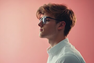 Young Man With Stylish Glasses Posing Against a Light Pink Background in a Casual yet Sophisticated Manner