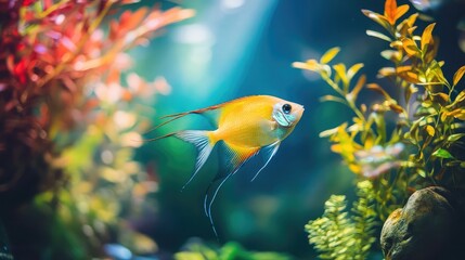 Colorful tropical fish swimming among vibrant aquatic plants 