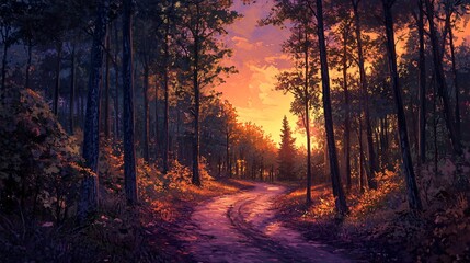 Wall Mural - a winding dirt road leads through a dense forest towards a vibrant sunset.
