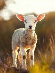 A closeup of a curious white lamb's face, soft wool illuminated by gentle sunlight. The lamb's expressive eyes stand out against the blurred backdrop of green grass and sky.